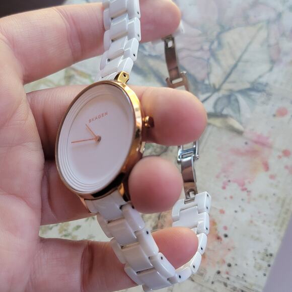 Skagen White Ceramic Watch Rose Gold Minimalist Dial Womens Quartz Slim - Picture 4 of 10